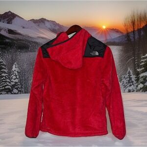 The North Face Fleece Jacket Women Red M Oso Osito‎ Full Zip Hooded Long Sleeves